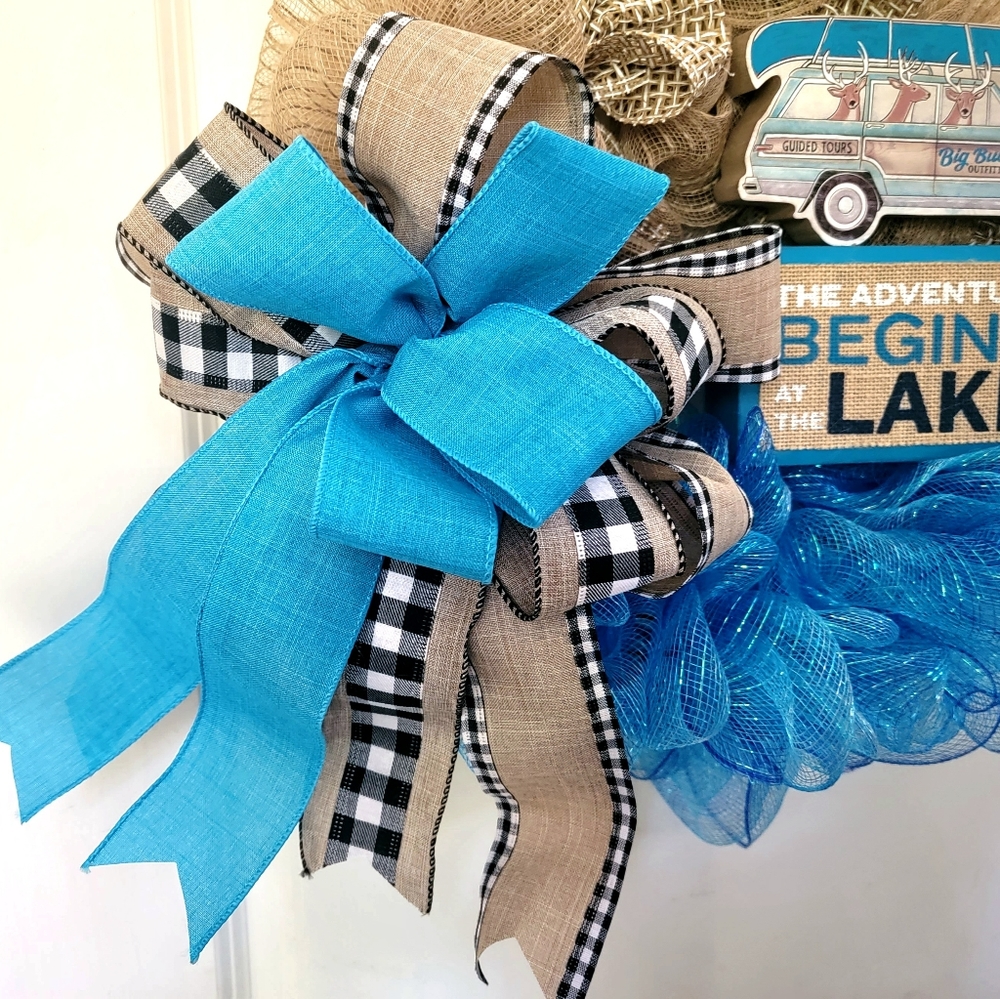 Deer Bucks Lake Adventure Wreath Wood Deco Mesh Bow - Picture 3 of 4
